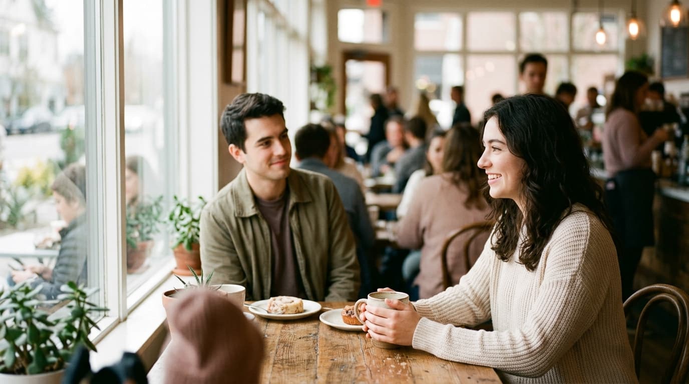 Two strangers sharing a brief warm glance across a cafe