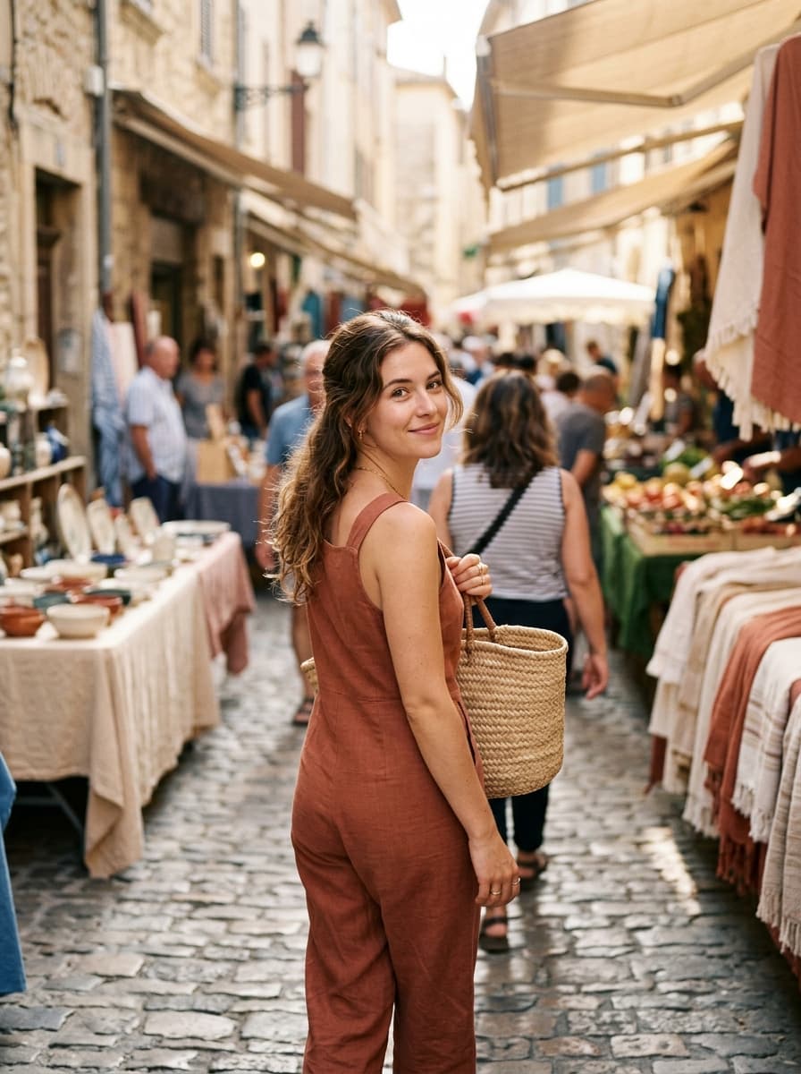 A woman glancing back with a soft smile as she walks through a sunlit market street