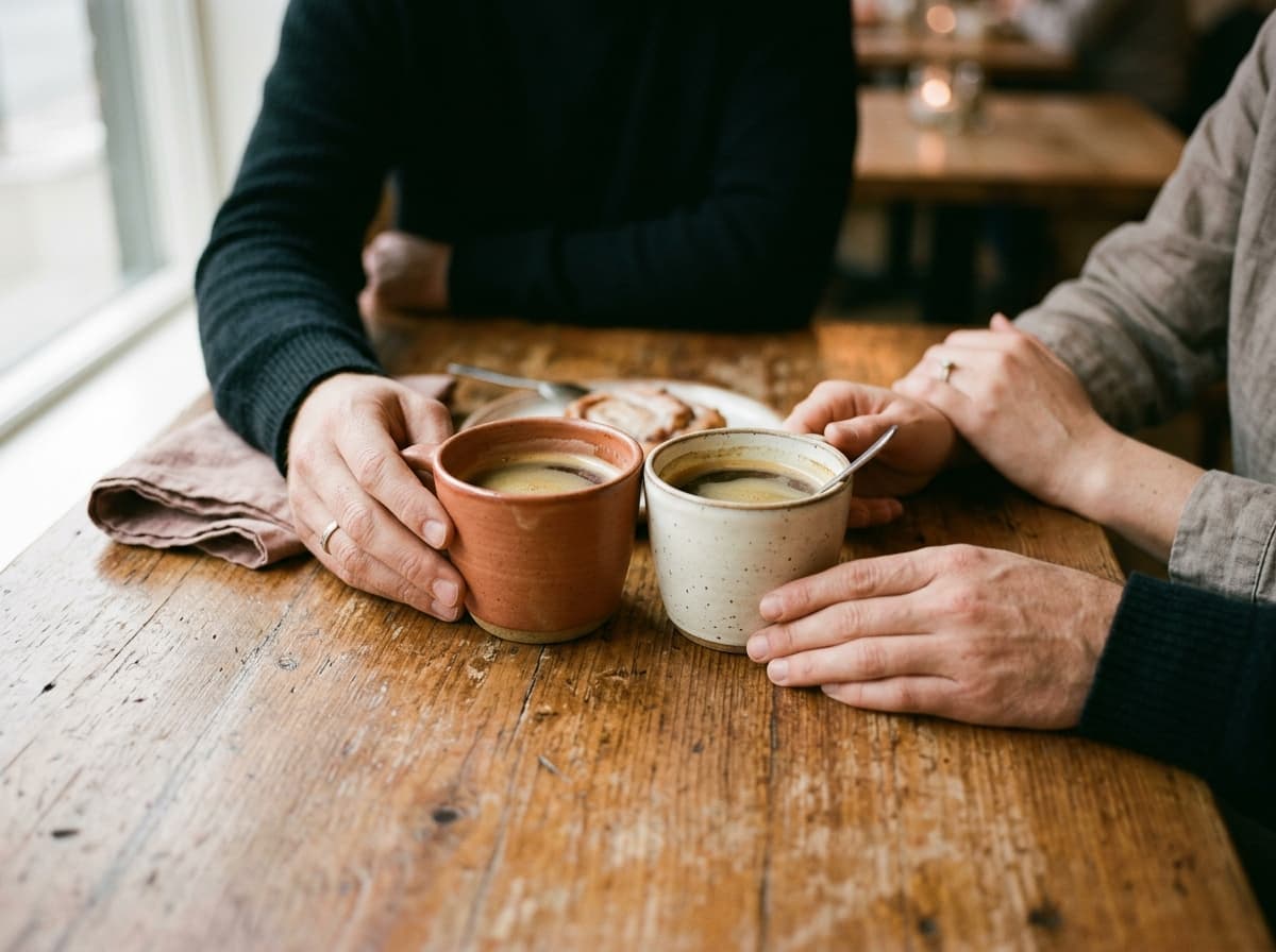 Two coffee cups almost touching on a warm wooden table