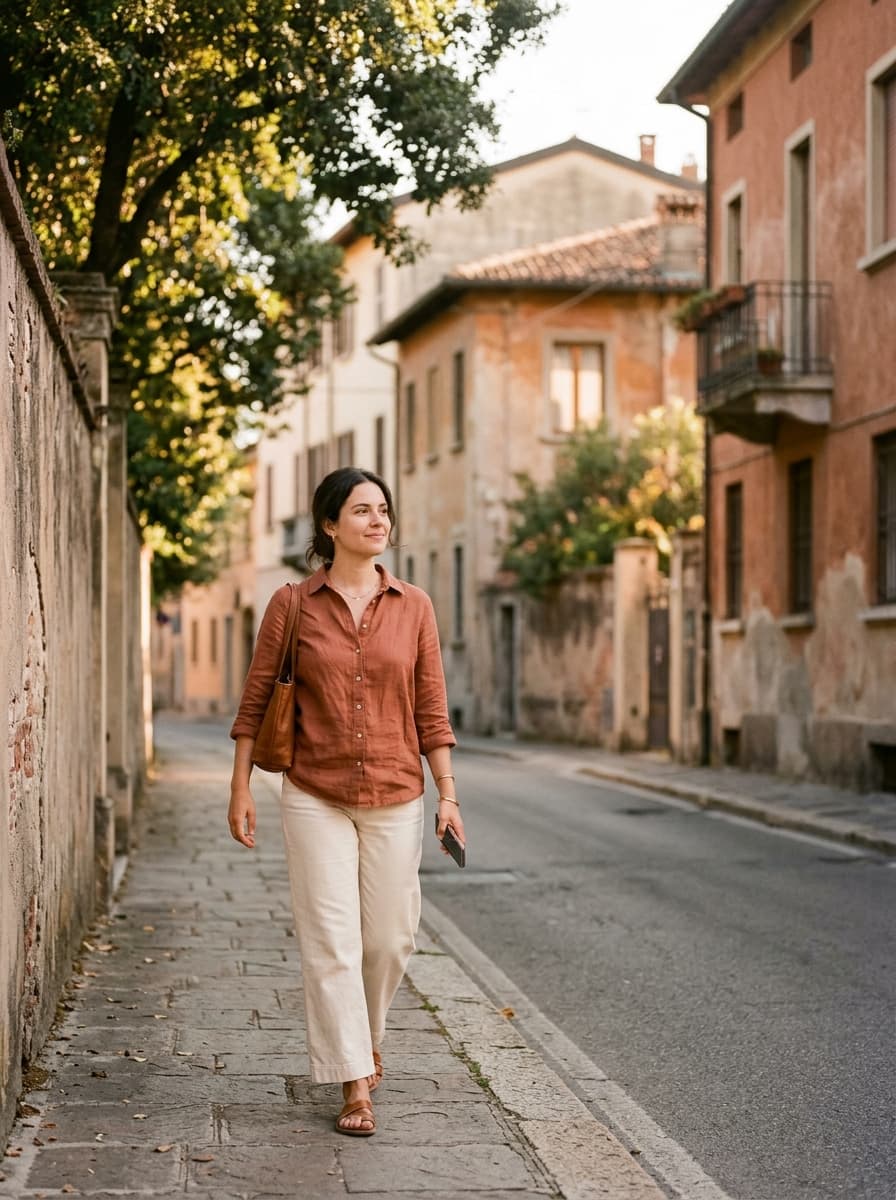 A calm person walking through golden late-afternoon light on a quiet street