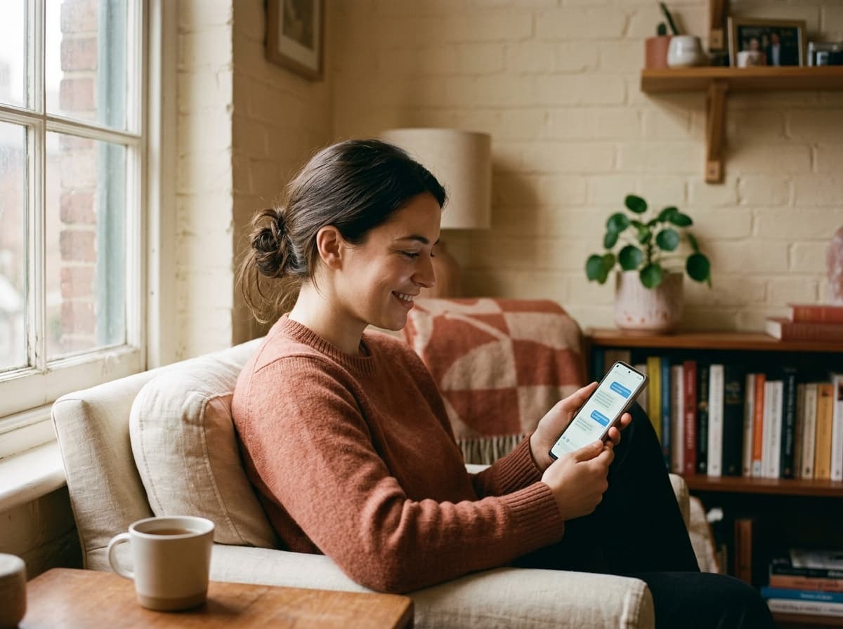 A person smiling gently while reading a message on their phone in a warm-lit room